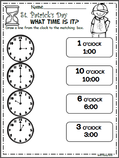 Kindergarten student matching digital clock times to analog clock faces on a printable worksheet