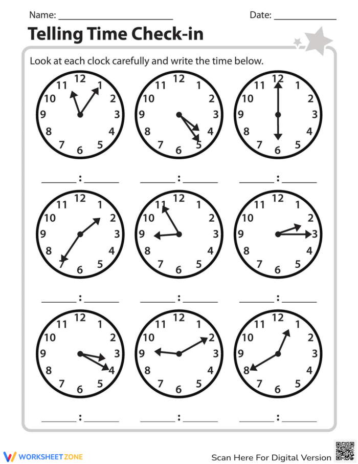 Second grade telling time check-in worksheet with analog clocks showing times to the nearest five minutes for student assessment