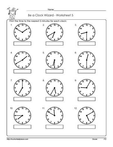 Second grade math worksheet for telling time to the nearest five minutes on an analog clock