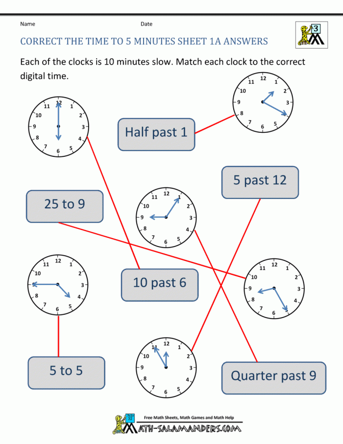 Second grade student worksheet featuring clock faces for practicing telling time to the nearest five minutes