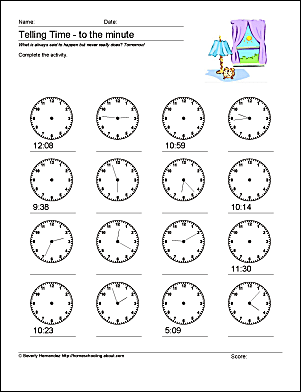 Second grade student practicing telling time to the nearest five minutes on a math worksheet