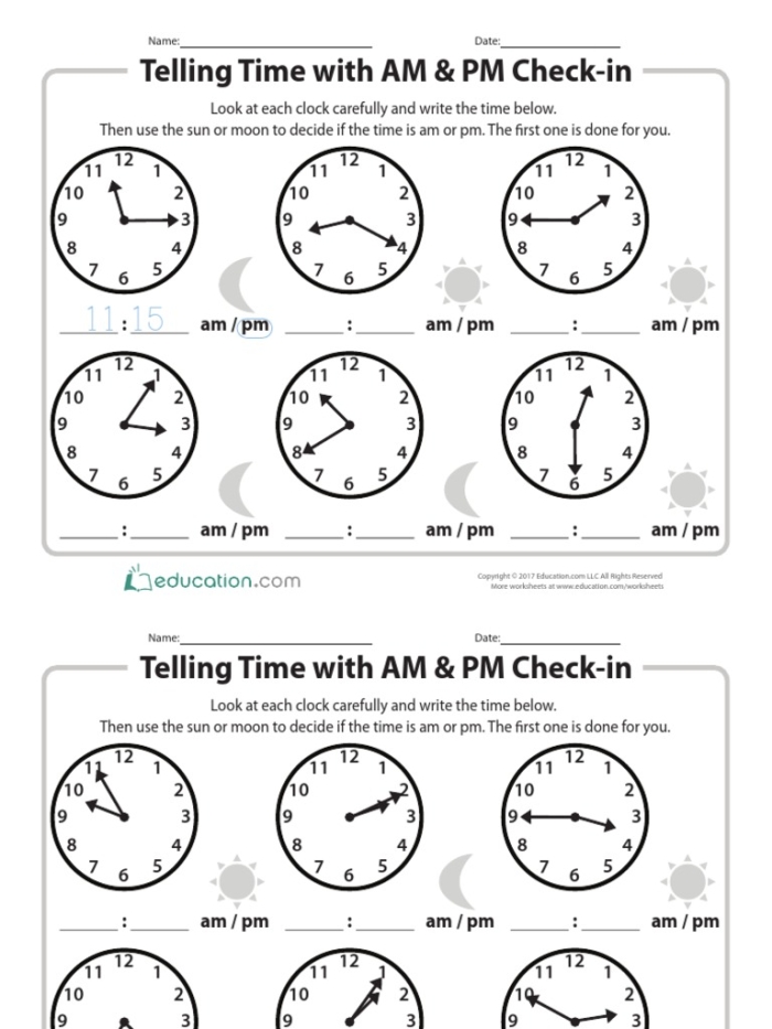 Telling Time: A.M. or P.M.? worksheet for Arabic learners in second grade Worksheet for second graders to practice distinguishing between a.m. and p.m. events
