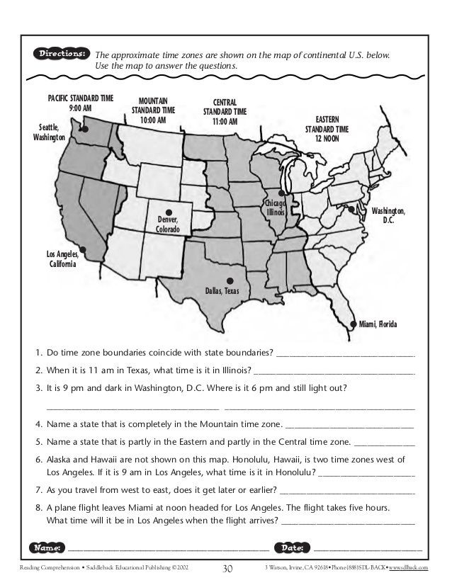 Third grade students learning to tell time across different US time zones on an interactive geography worksheet