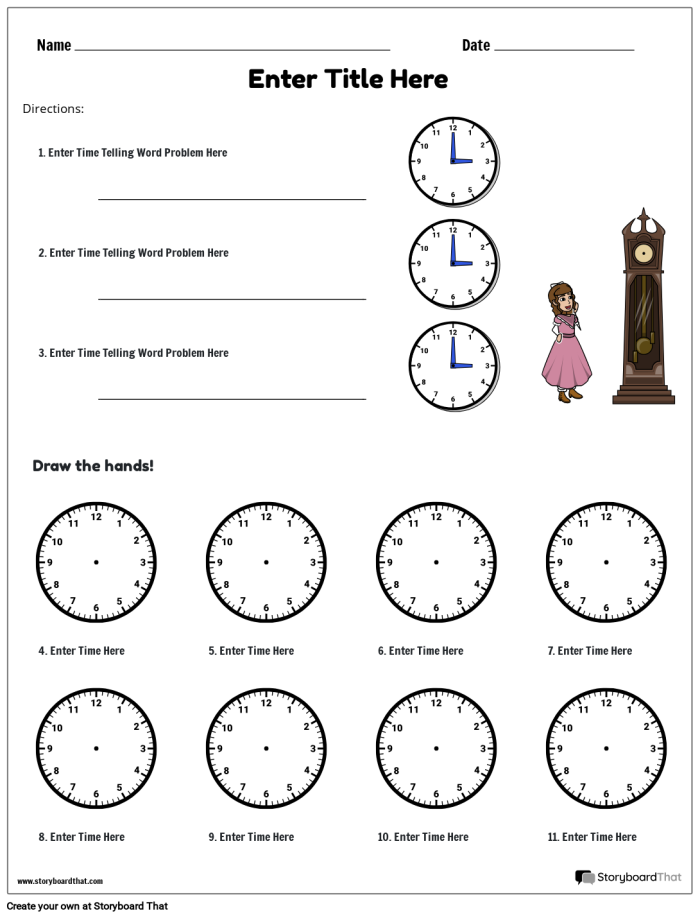 Melissa Mouse helping kids learn to tell time on an analog clock in a kindergarten worksheet