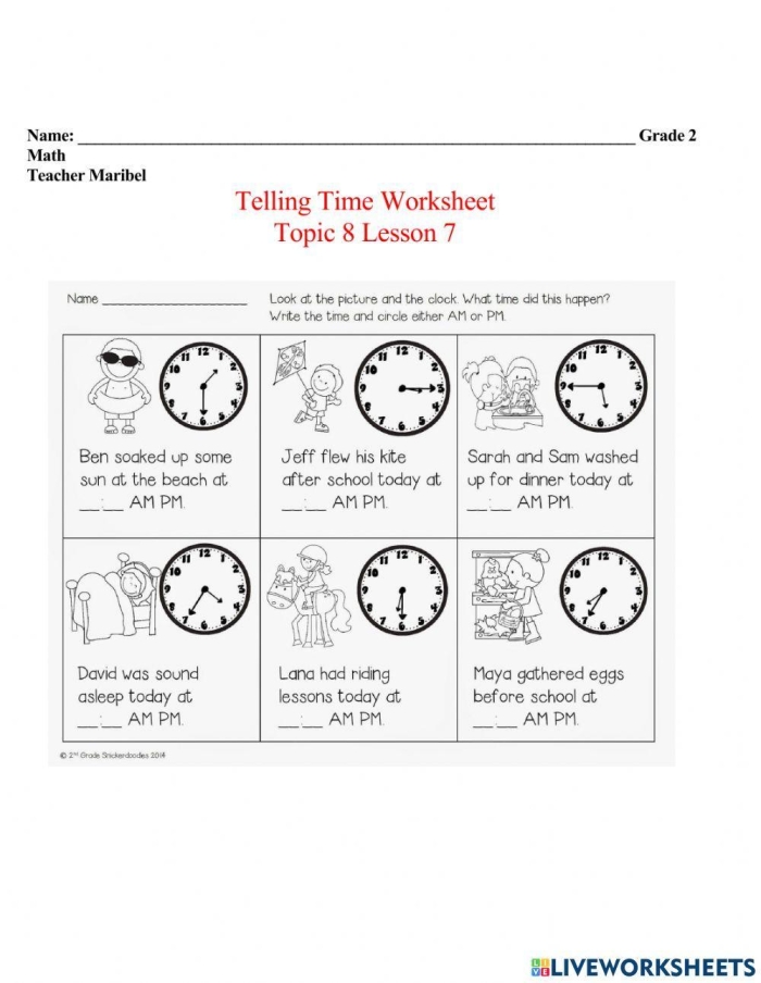 Second grade students practicing telling time on analog clocks with AM and PM labels on a double-sided math worksheet
