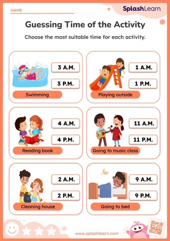 Second grade students practicing telling time on analog clocks to the nearest five minutes with AM and PM labels on a math worksheet