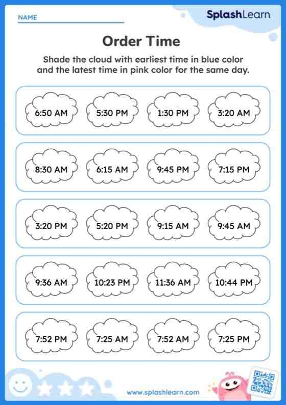 Second grade math worksheet showing analog clocks with AM and PM time problems for assessing student proficiency in reading time to the nearest five minutes