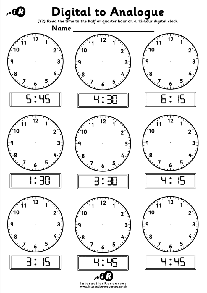 First grade student practicing how to tell time on an analog clock worksheet