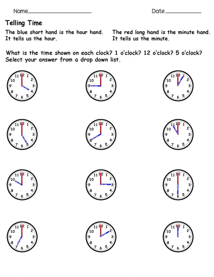 Second grade math worksheet featuring analog clocks for telling time