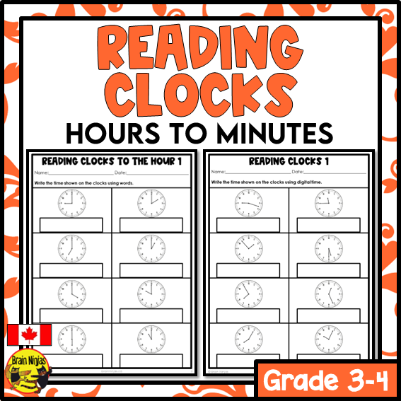 First grade student practicing reading analog clocks on a time worksheet