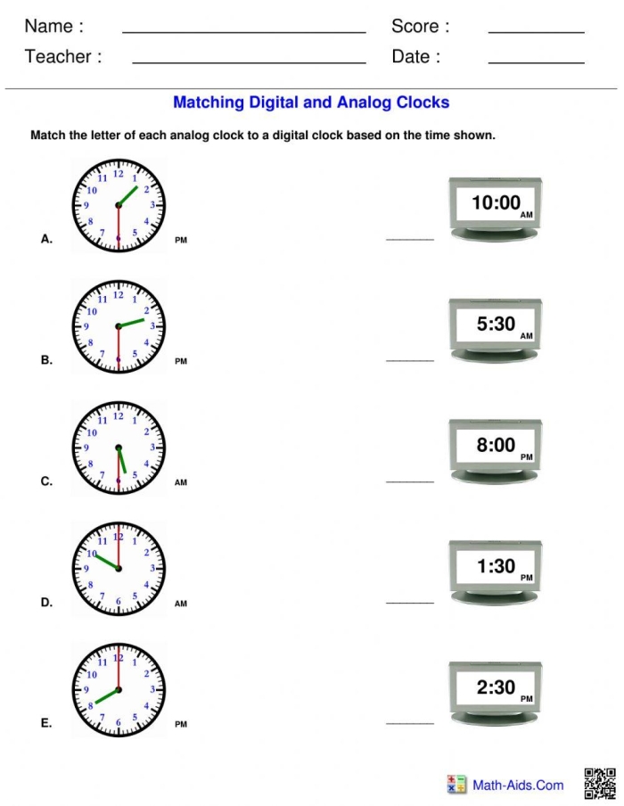 Second grade student completing a Match the Clocks worksheet by connecting analog to digital times