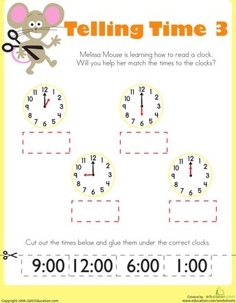 Kindergarten student practicing analog clock reading with the Telling Time with Melissa Mouse 2 worksheet