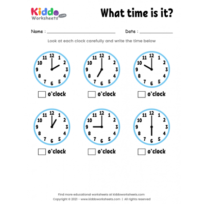 First grade worksheet featuring various analog clock faces for students to practice reading and telling time