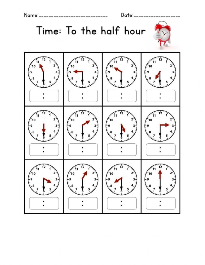 Telling Time Worksheet Image 3 Clock Face Practice for Second Grade Students Second grade student practice worksheet showing analog clocks displaying times on the hour and half hour for telling time exercises