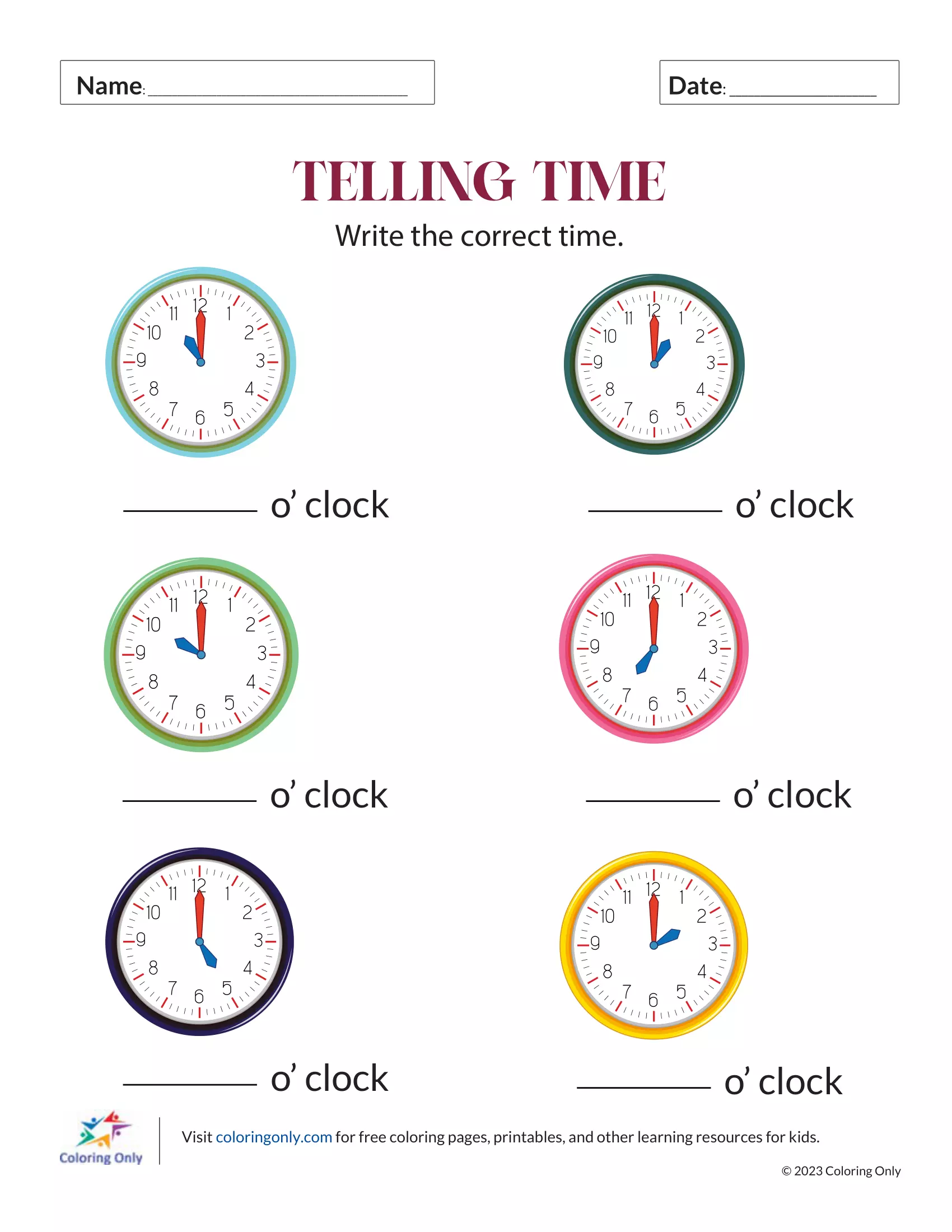 Children's worksheet for telling time, featuring clocks for daily activities like breakfast and bedtime.