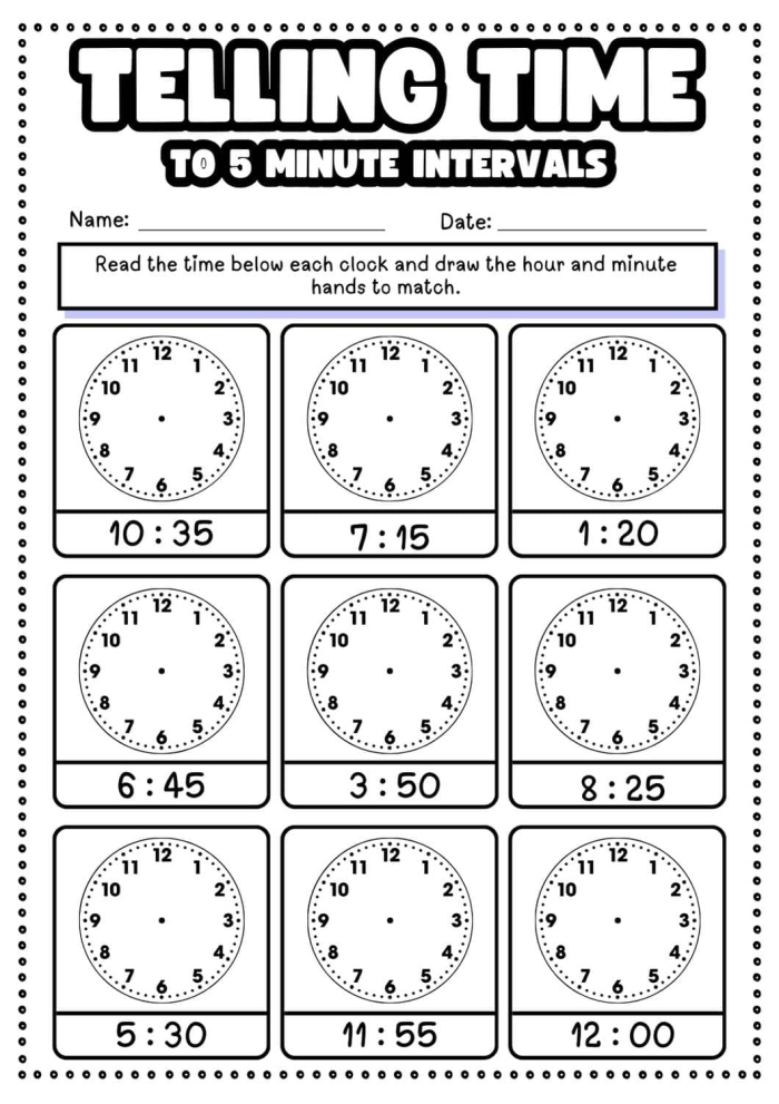 Second grade student worksheet for drawing clock hands to show time to the five-minute mark