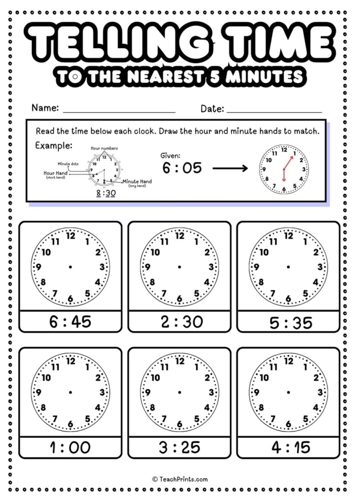 Second grade students practicing drawing hands on clocks to show time to the nearest five minutes
