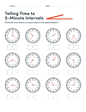 Second grade student worksheet for practicing telling time by drawing hands on clocks at five minute intervals