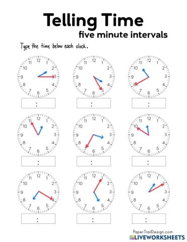Worksheet image for telling time to five minutes, featuring clocks for kids to draw hands on.