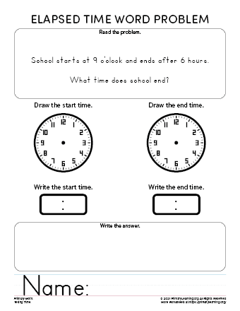 Third grade math worksheet featuring library-themed word problems about telling time and elapsed time