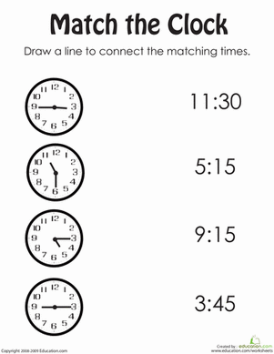 First grade geometry worksheet for practicing telling time on the hour with matching clocks