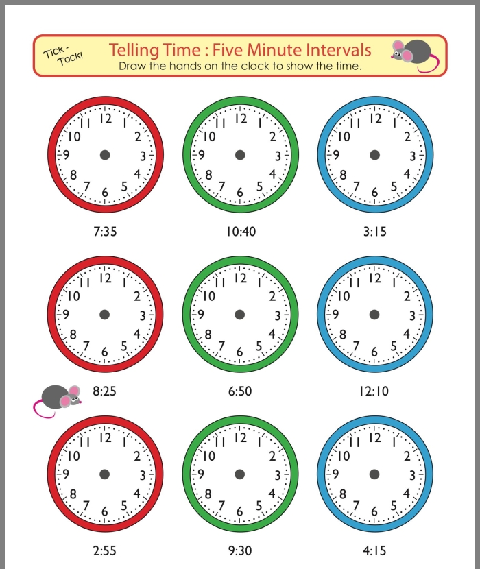 Second grade math worksheet showing clocks for students to draw hands indicating time to the five minute mark