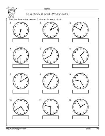 Second grade student practicing telling time to the nearest five minutes on a clock worksheet