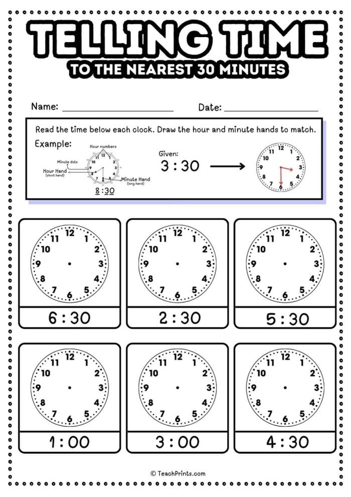 Telling Time On the Hour or Half Hour Worksheet Page 10 Second grade math worksheet featuring analog clocks for students to practice telling time on the hour and half hour