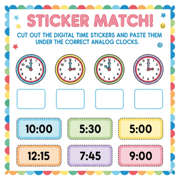 Second grade students practicing telling time by matching analog clock faces to digital times on a worksheet