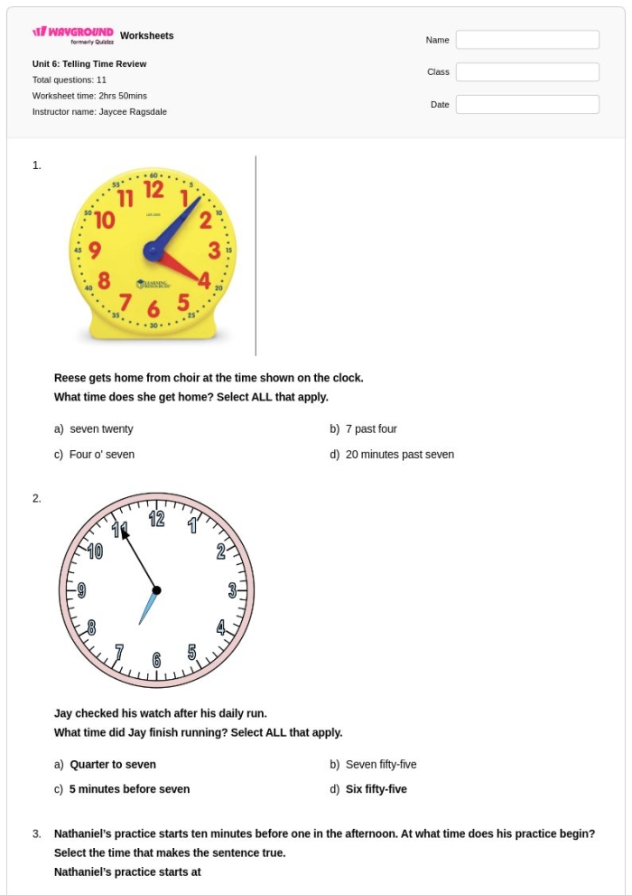 Third grade student completing a math worksheet about reading clocks and calendars for number 13