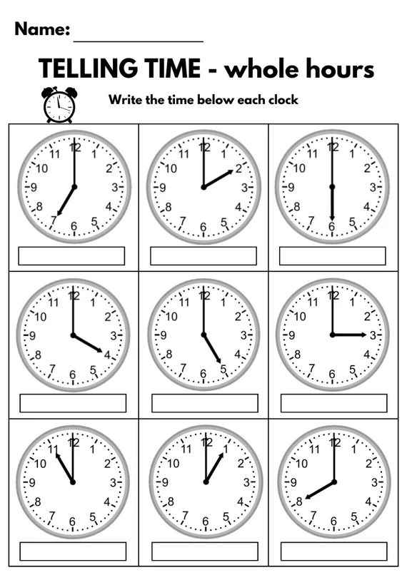 First grade worksheet for practicing telling time on the hour with a matching activity