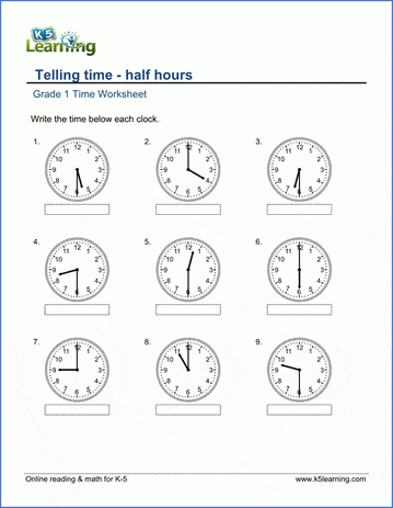 First grade worksheet for practicing telling time on the hour with matching clocks