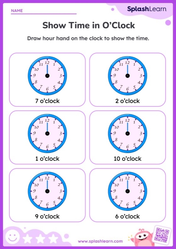 First grade worksheet for practicing telling time on the hour with matching clocks