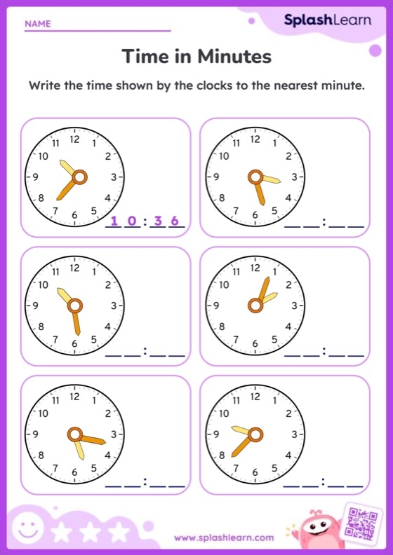 Worksheet for counting minutes in an hour for third graders