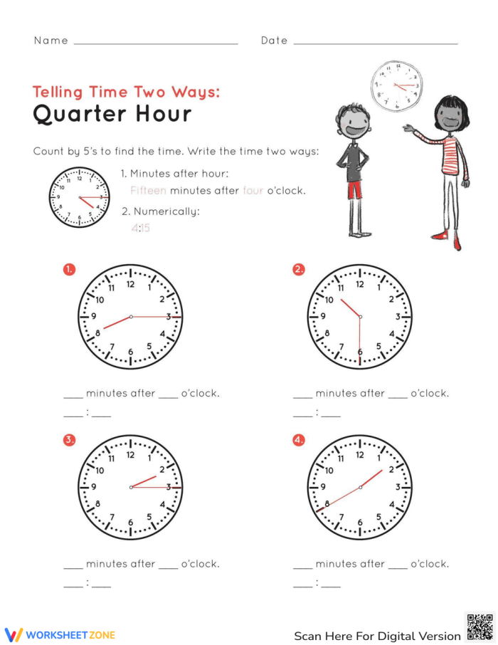 A colorful second grade worksheet showing analog clocks for practicing how to tell time to the quarter hour