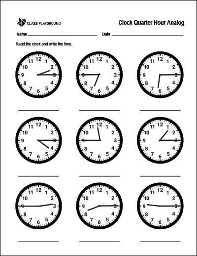 Quarter hour practice worksheet for second graders learning to tell time