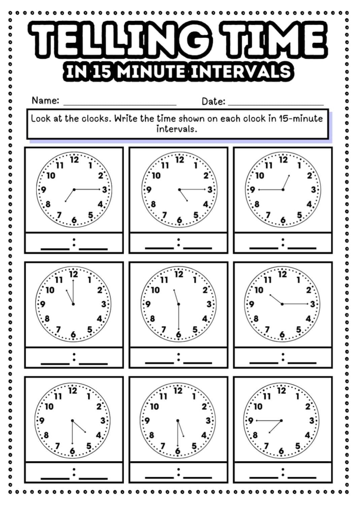 Second grade math worksheet featuring clock faces for practicing telling time to the quarter hour