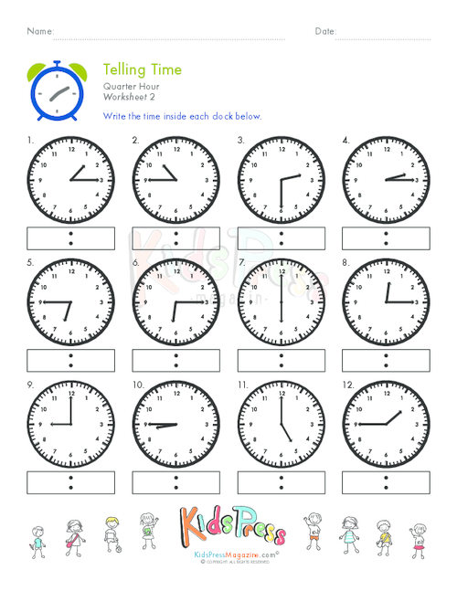 Telling Time on the Quarter Hour: Match It worksheet for extra practice Worksheet for practicing telling time on the quarter hour designed for second graders