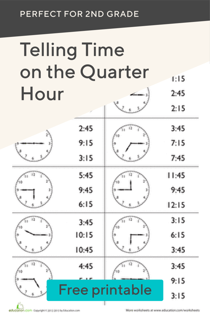 Match It Worksheet: Telling Time on the Quarter Hour for Grade 2 Worksheet for practicing telling time on the quarter hour for second graders