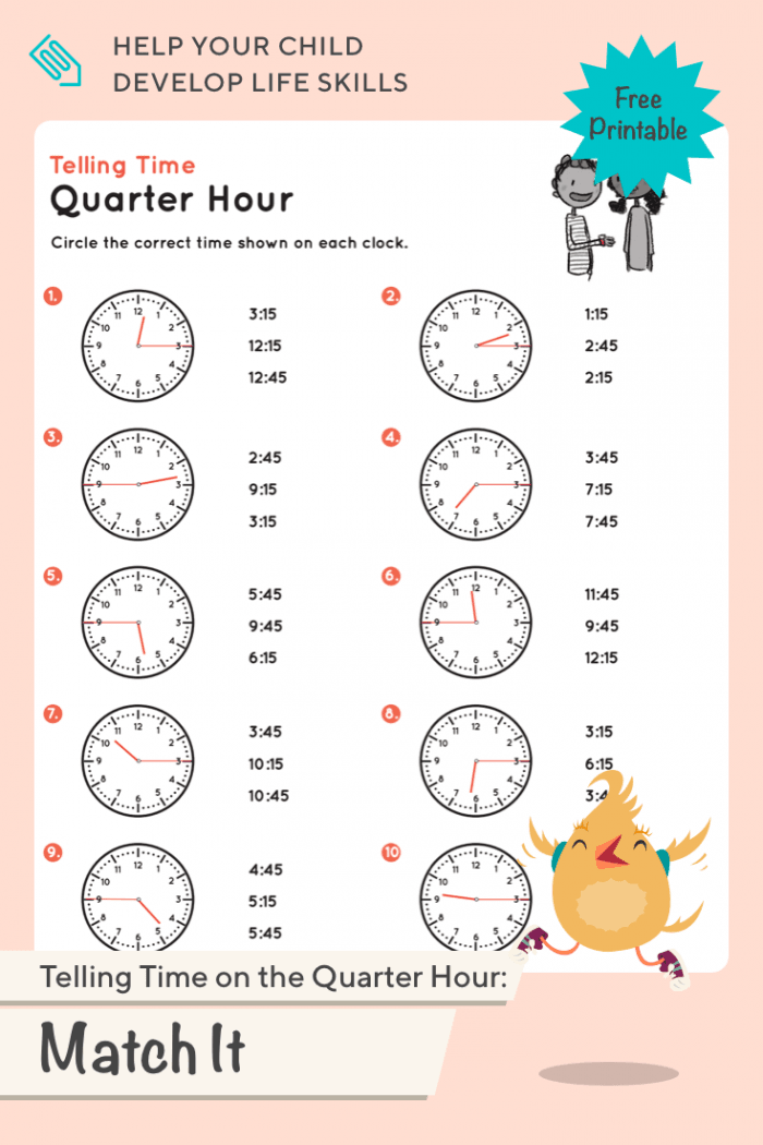 Engaging Telling Time on the Quarter Hour: Match It worksheet for kids Worksheet for practicing telling time on the quarter hour for second graders