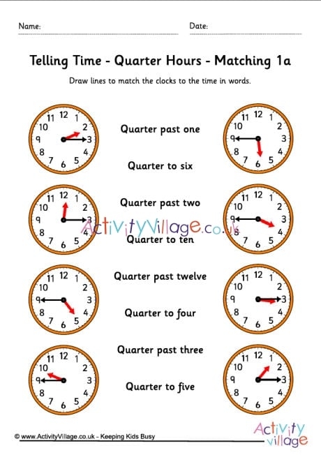 Telling Time on the Quarter Hour: Match It worksheet for kids Worksheet for practicing telling time on the quarter hour for second graders