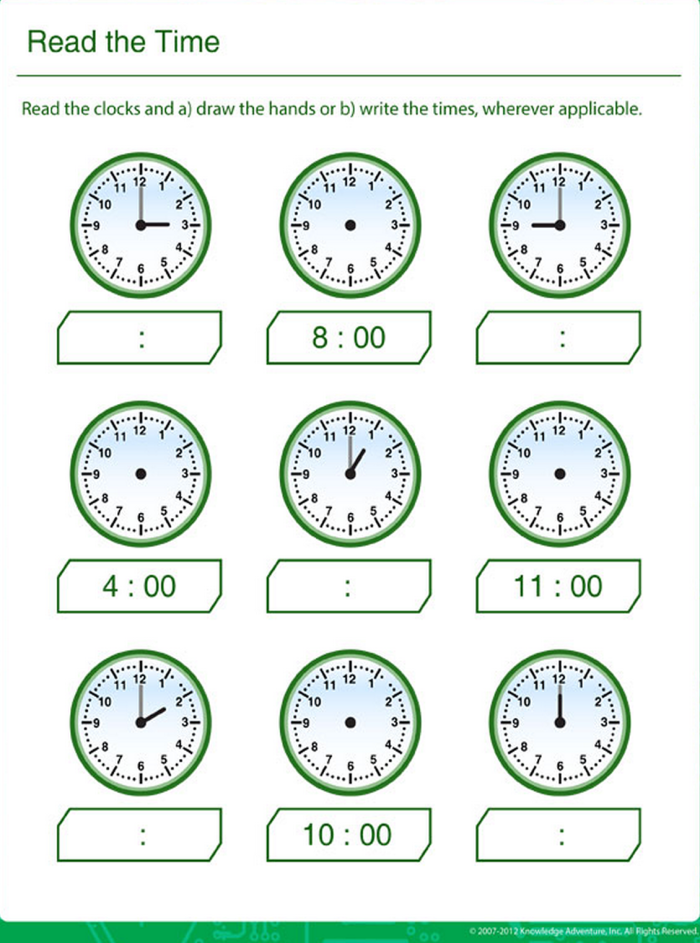 Time-telling practice worksheet for elementary students learning to read analog clocks Second grade students practice telling time by setting clock hands to match given times on this reading clocks worksheet activity