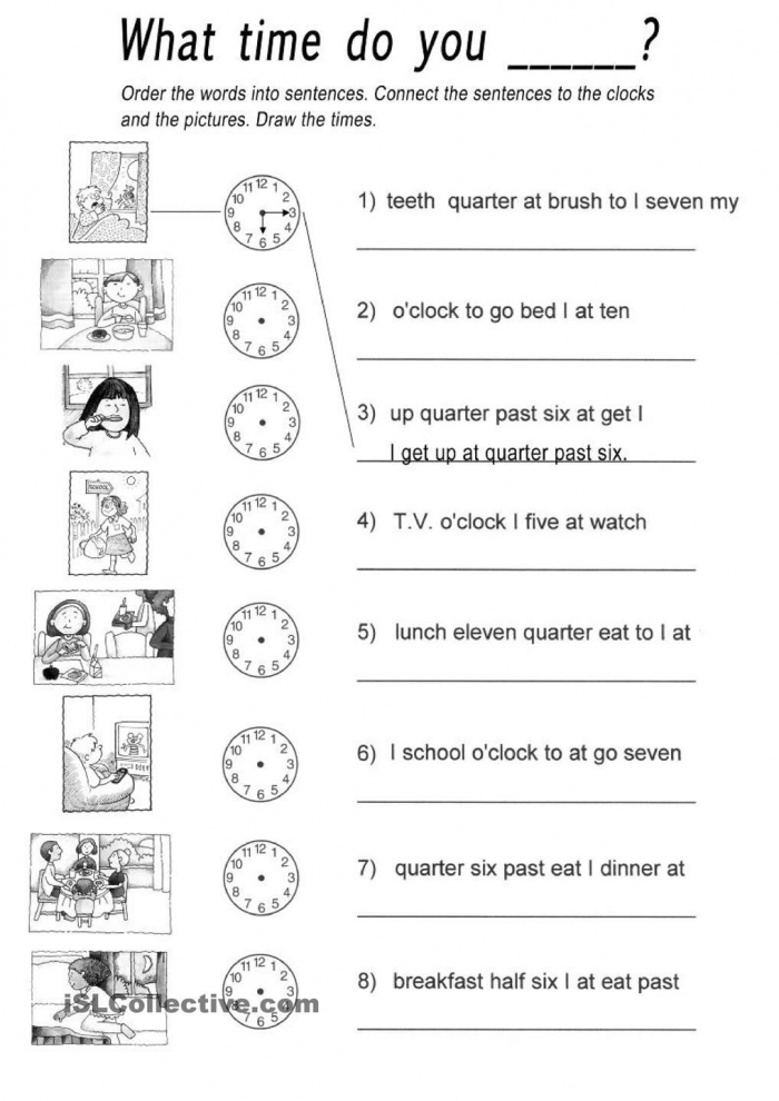 Children illustrating clock hands on a worksheet to represent their daily activities.
