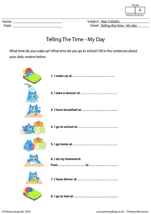 Kids' drawing of clock hands indicating daily activities on the Telling Time: My Day worksheet
