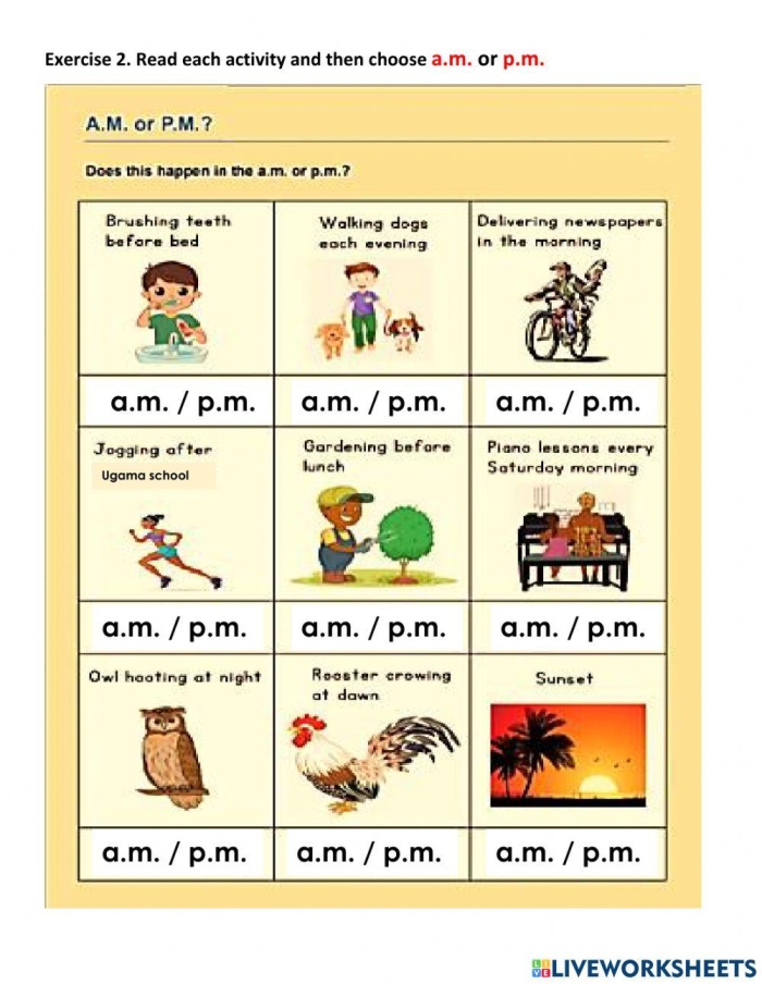 Telling Time: A.M. or P.M.? worksheet for kids Worksheet for teaching second graders about a.m. and p.m. in Arabic