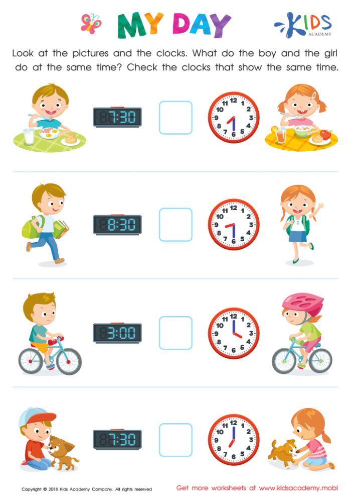 Second grade student completing a worksheet about telling time for daily activities