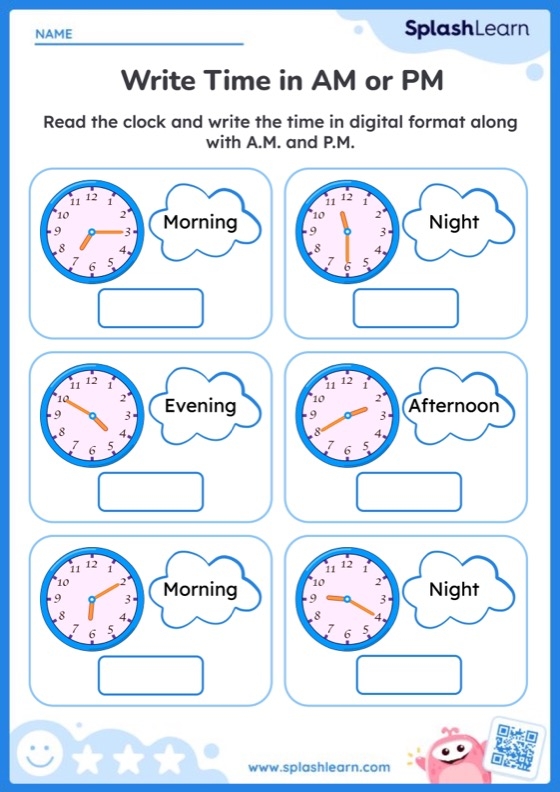 Telling Time: A.M. or P.M.? worksheet for grade 2 students Worksheet for teaching A.M. and P.M. to second graders in Arabic