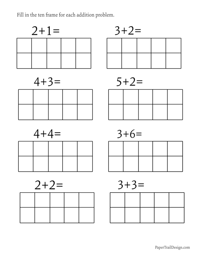 First grade math worksheet showing students how to solve addition problems up to 20 with ten frames
