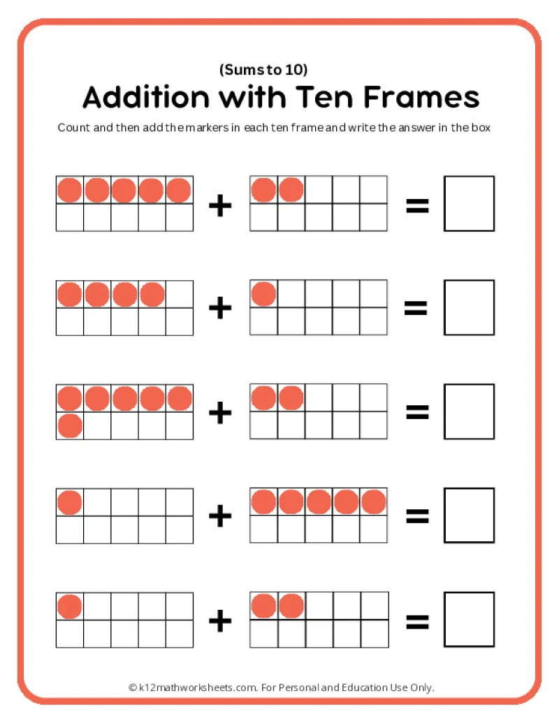 Adding Within 20 Using Ten Frames Missing Numbers Worksheet Page 9 First grade student worksheet showing ten frame addition problems with missing addends for numbers up to 20