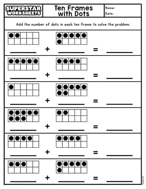 First grade math worksheet showing ten frames with dots and numbers for adding within 20